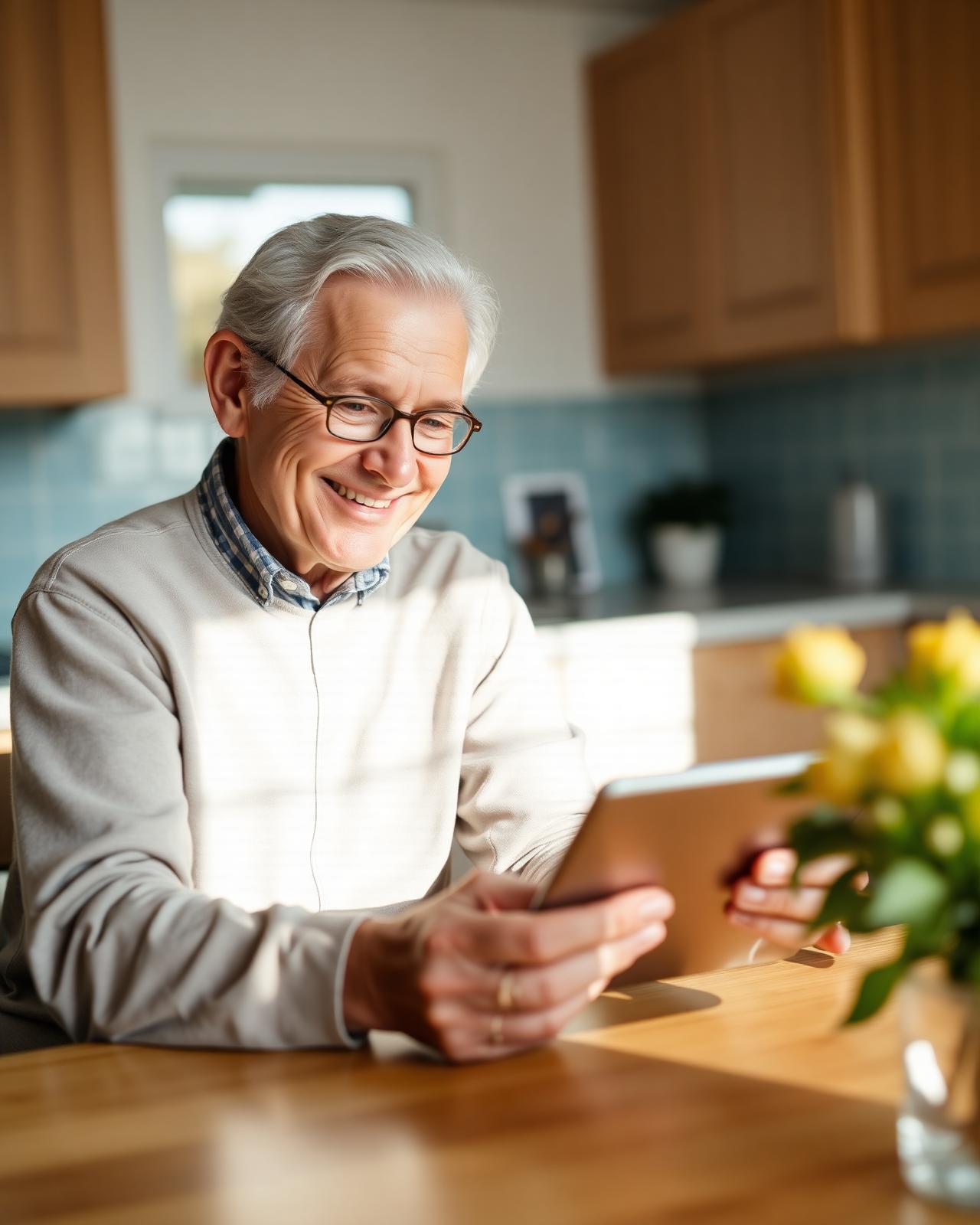 A happy Canadian senior using Grandma’s Taxes on a tablet at the kitchen table